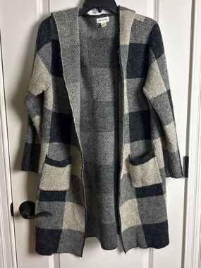 Monteau Hooded Open-Front Plaid Cardigan in Gray and Cream